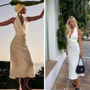 ZARA Linen Blend Oyster White Halter Midi Maxi Dress $129